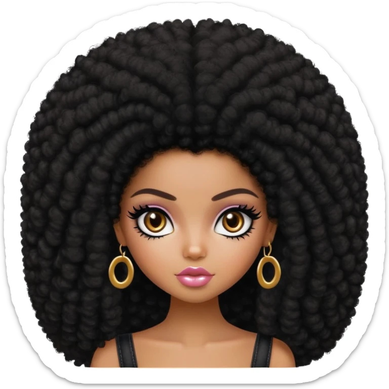 pretty bratz girl, dark black big afro, dark brown eyes, y2k fashion, black eyeliner, deep brown skin sticker