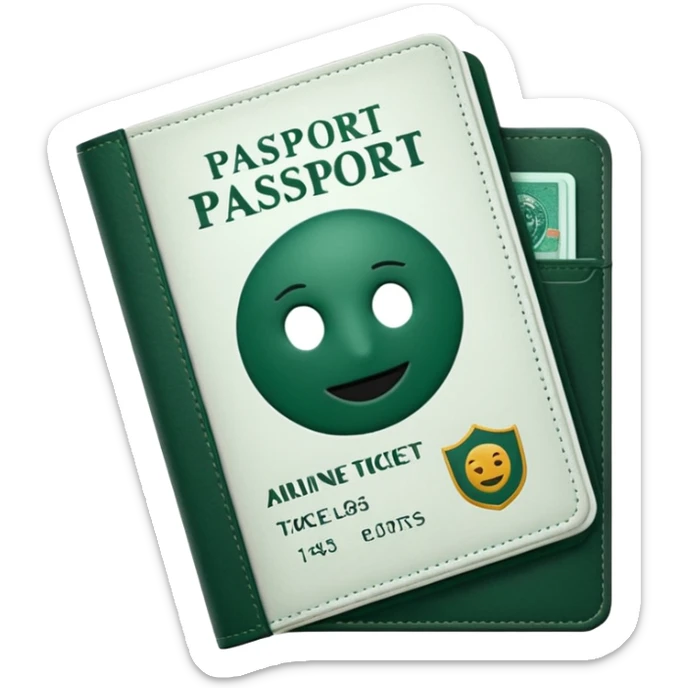 white passport with dark green details and dark green airline tickets sticking out, no faces or emojis, emoji style sticker