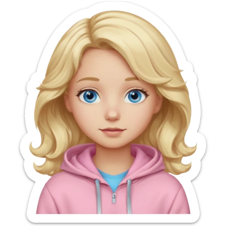 Generate a blonde girl with blue eyes with wavy hair in a pastel pink hoodie  sticker