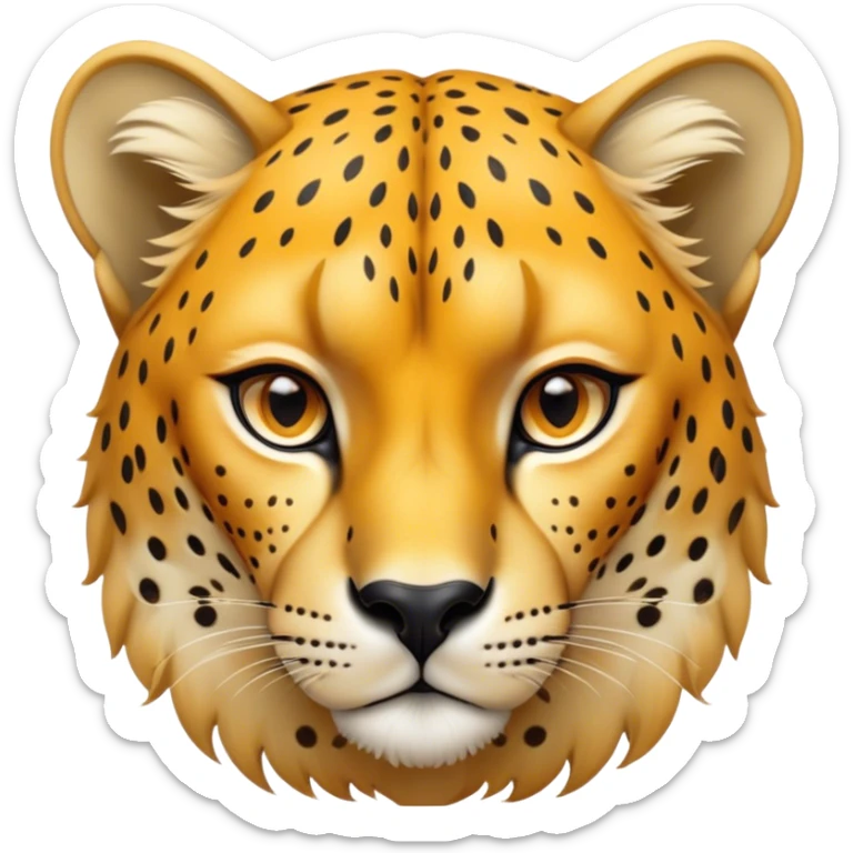 Cinematic Noble Cheetah Portrait Emoji, Poised and regal, with a lean, muscular build and a sleek, spotted Fur of golden hues, deep-set soulful amber eyes, Simplified yet sharp and sophisticated features, highly detailed, glowing with a warm, dignified glow, high shine, intelligent and swift, stylized with an air of wild elegance, focused and attentive, soft glowing outline, capturing the essence of a watchful and confident predator, so majestic it feels as though it could sprint out of the screen with effortless authority! sticker