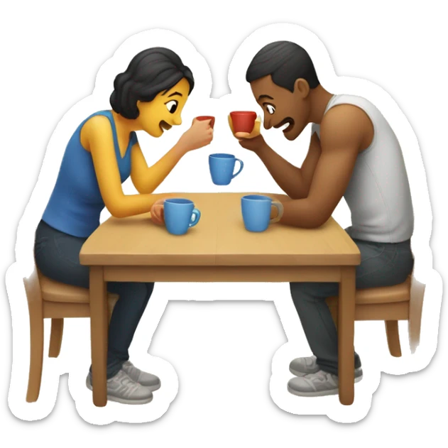 "An emoji of a family—mother, father, and child—sitting around a table playing a cup game, with the cups arranged in front of them as they enjoy the game together sticker