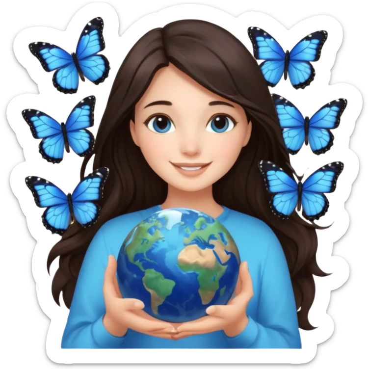 Successful CEO (brunette girl, another emoji, in the middle), holding the Earth 🌍 in her hands smiling warmly, blue monarch butterflies fly around her. sticker