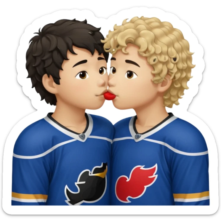 Asian Straight Dark hair boy hockey player kissing curly hair dirty blonde hockey player boy sticker