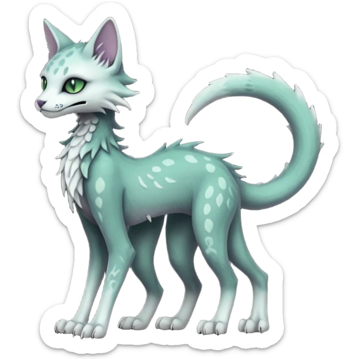 Kawaii divine du dark pastel whitish blackish swampy white-skeletal gloomy ghostly dark greyish dark-deep-greenish foggy eldritch elegant cute beautiful realistic edgy fantasy ghoul-like stitched feline-vernid-sergal-fursona animal creature with a tufted tail full body with intricate markings  sticker