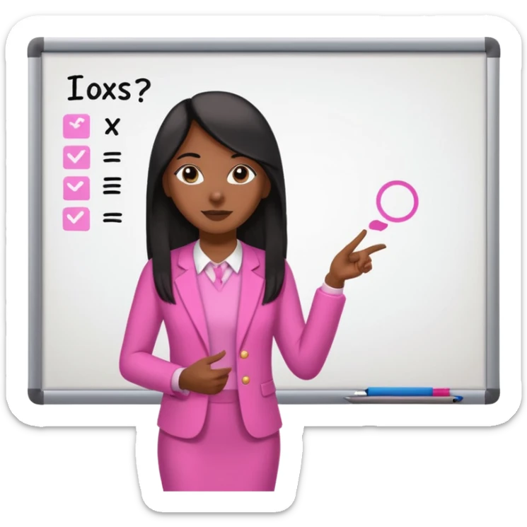 a brown skin teacher with hair with black straight long hair wearing pink not hot pink 2 piece set teaching up on a board the board  sticker