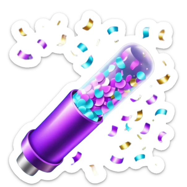 glowing confetti popper emoji, purple and cyan colors, emitting confetti and sparkles, vibrant celebration atmosphere sticker