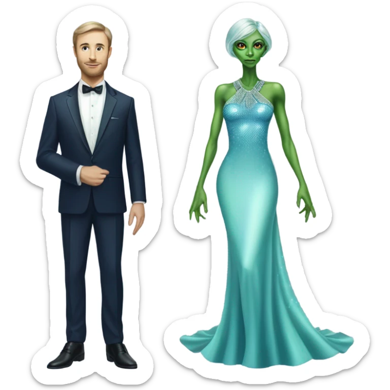 reptilian alien green skin woman, in long slim pastel blue formal party satin dress with gradient shiny sparkling navy blue diamonds embroidered , and caucasian man in black dres sticker