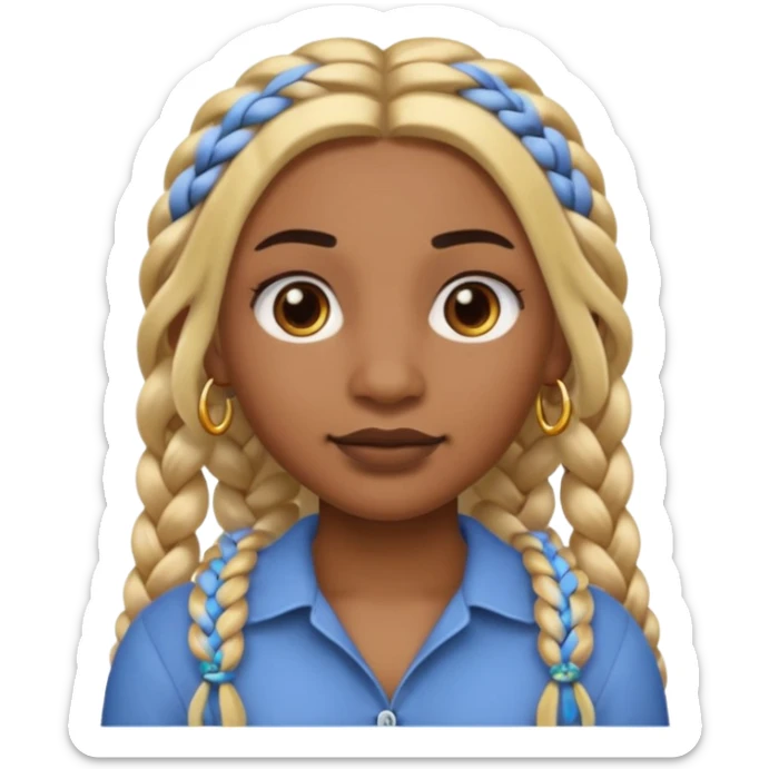A person emoji with medium-dark skin, long blonde hair styled in two thick braids, dark eyebrows, brown eyes, a small nose, and distinct facial piercings — a ring on the eyebrow and another on the lower lip. sticker