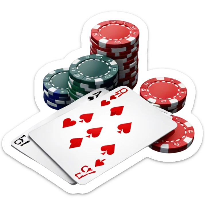 A photorealistic icon featuring playing cards, poker chips and a deck of cards spread out on a table. Bright, detailed design with realistic textures and lighting. Transparent background, clearly symbolizing card games and strategy. sticker
