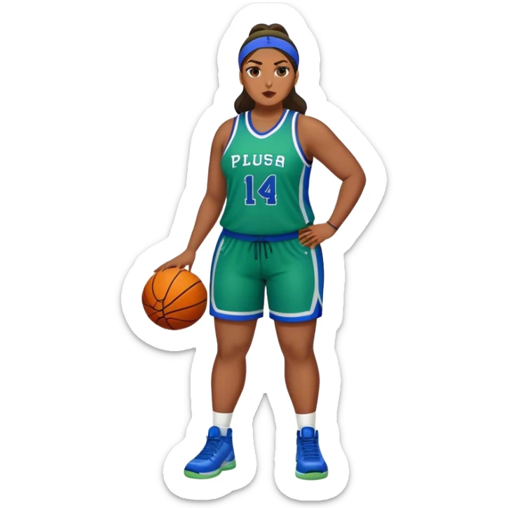 Full Body Latino plus size women basketball player wearing blue and green uniform sticker