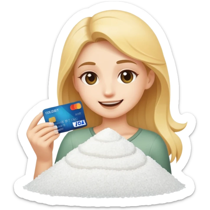 Winky face with a pile of salt in front and holding a credit card in hand sticker