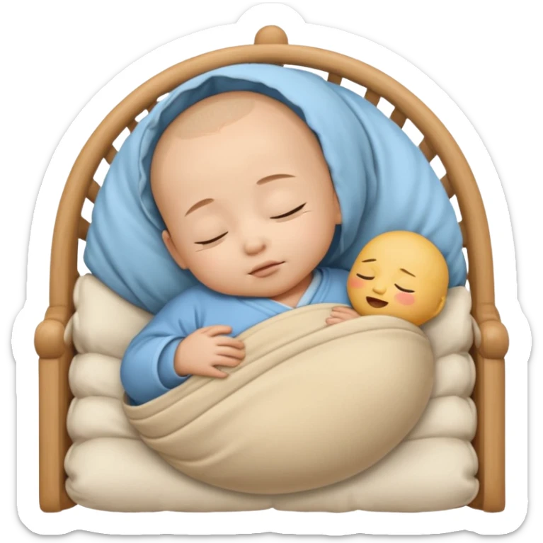 sleeping Asian baby boy swaddled, wooden crib, emoji style sticker