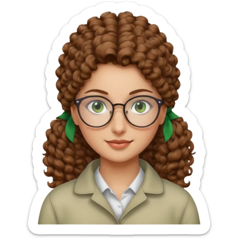 iranian woman, tight curly light brown hair in pony tail, glasses, green eyes, pretty, oval shape face sticker