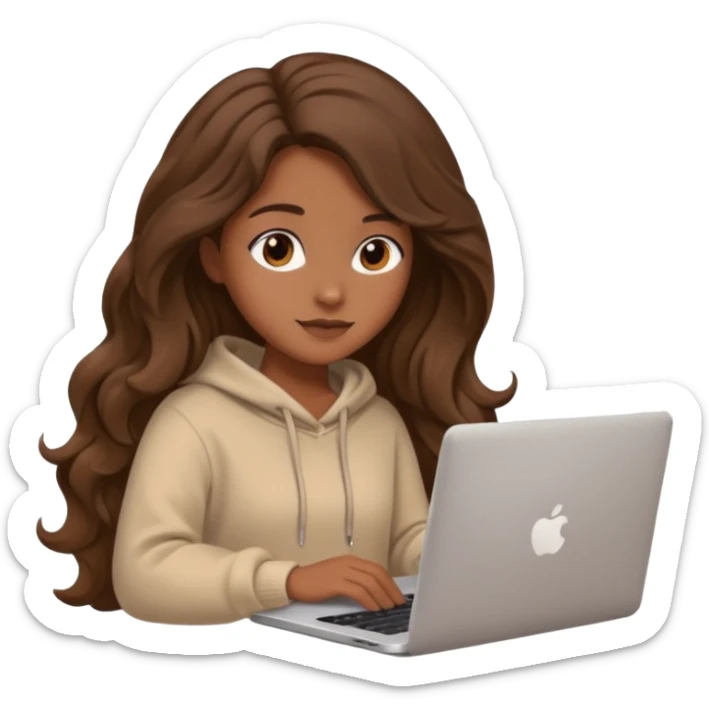 make a picture in ios 18 style of a girl with brown long wavy hair wearing cozy beige clothes and working on a laptop sticker