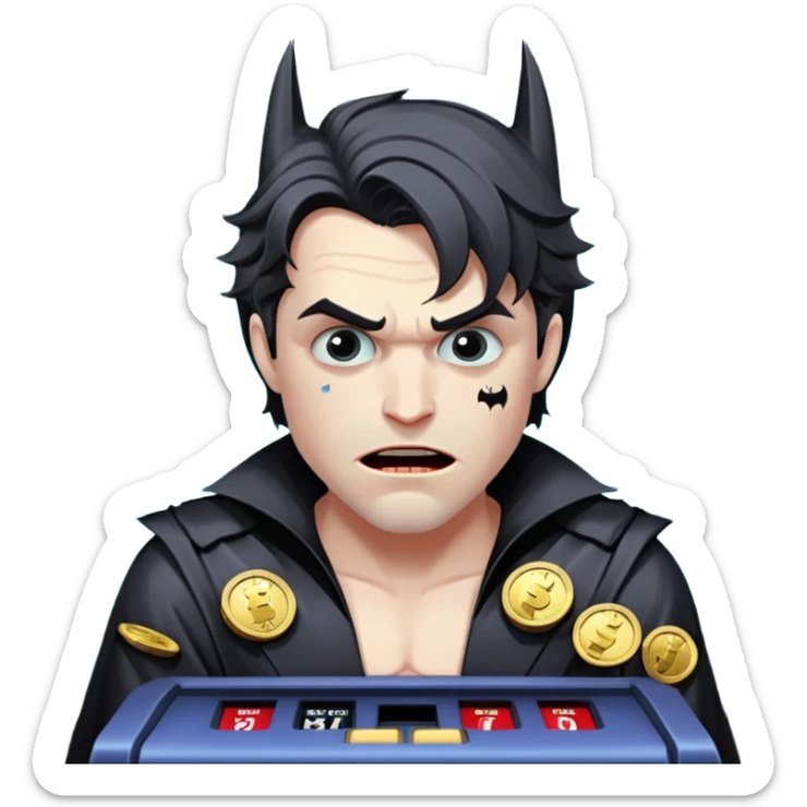 disheveled bat man losing money at a slot machine, panicked face, coins flying sticker
