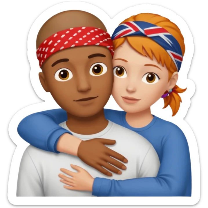 Two people hugging, brown guy with a buzzed cut and bandana, and a white woman with ginger hair sticker