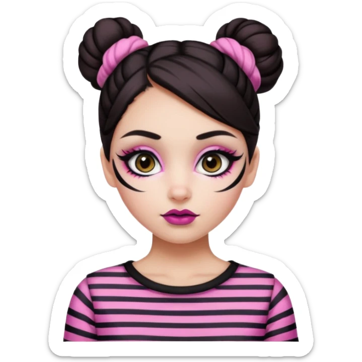 generate a pretty fair bratz girl with dark brown eyes. Dark brown hair straight hair with pink highlights tied into buns. Big eyeliner. black lipstick. Black and white striped top.  sticker