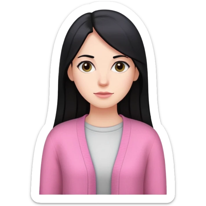 white woman with long straight black hair wearing a pink cardigan sticker