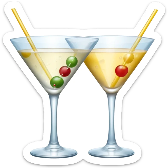 two realistic glasses of cocktail in emoji style, martini glass shape, no straw, no fruit, no ice sticker