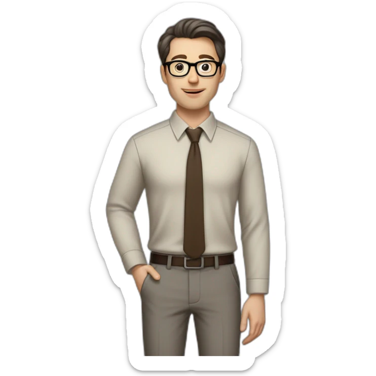 Full height Pale skinned fit man with dark brown hair in gray jacket, beige office shirt, brown tie, brown pants and vintage glasses. His right hand stretched out sticker