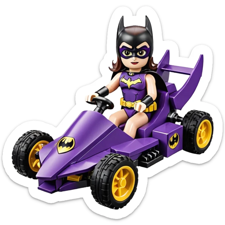 Hot full size real size-appearance electric road racing sexy BatGirl’s feminine midnight-colored tight outfit sixty’s tv show Lego dark stealthy sporty safe plush petite off-road pursuit cruiser car rose gold accents (black hair,reclined and relaxed torso and shoulders seating position) go kart  sticker