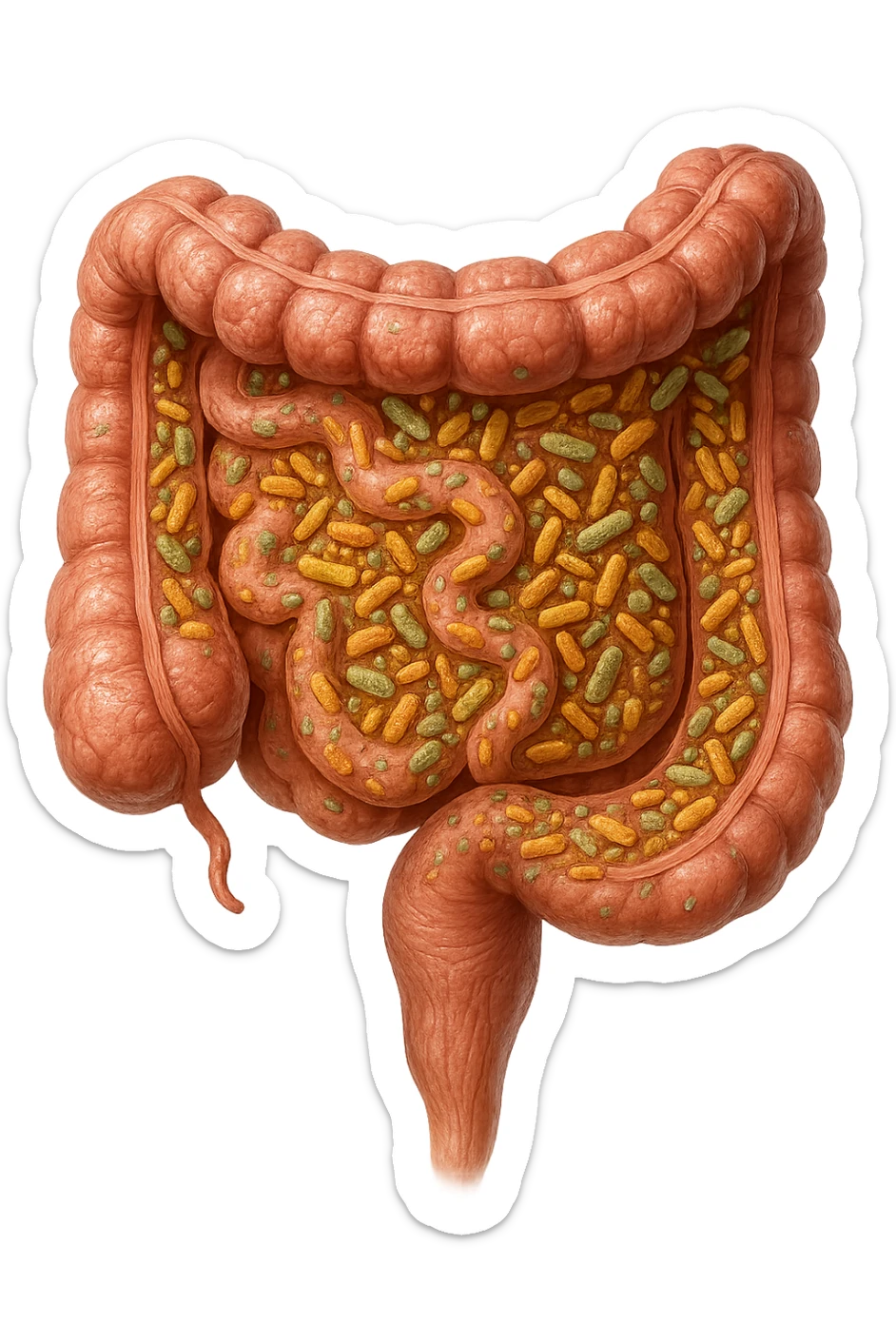 INTESTINO UMANO ANATOMICO CON BATTERI INTESTINALI, iperrealistica 4k sticker
