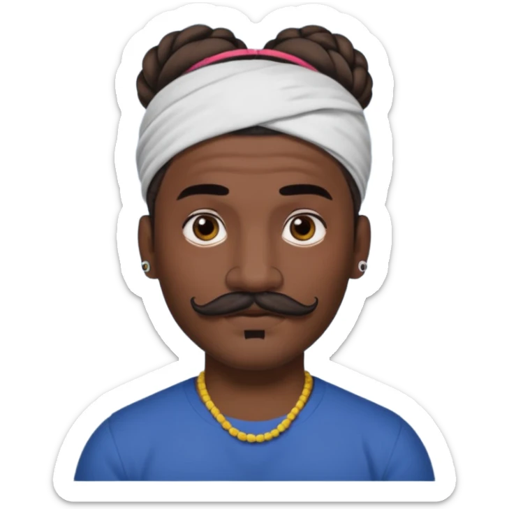 single bun hair man and mustache and face tattoos very heavy and headband sticker