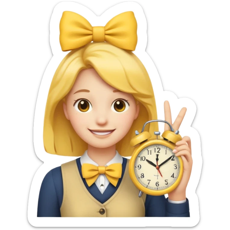 Yellow regular smiling emoji with hand saying clock it with bow in hair preppy cute aesthetic  sticker