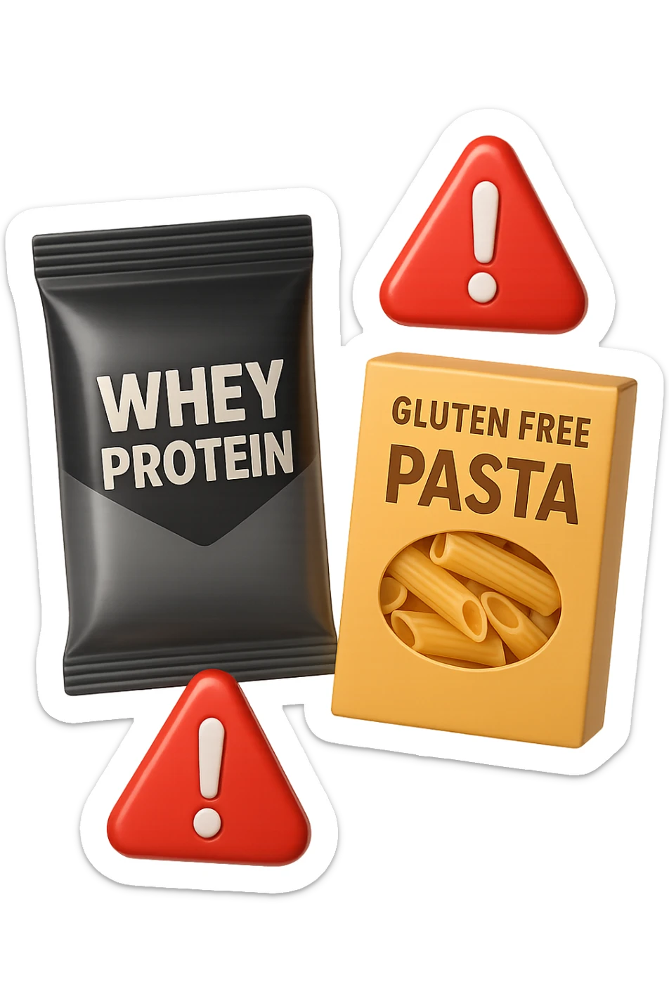 SU QUESTO STILE FAI UN EMOJI STILE IPHONE 3D DI UN pacco di whey protein e un pacco di pasta senza glutine che fluttuano in aria insieme a segnali di pericolo in 3d, FALLO MOLTO REALISTICO IN 3D sticker