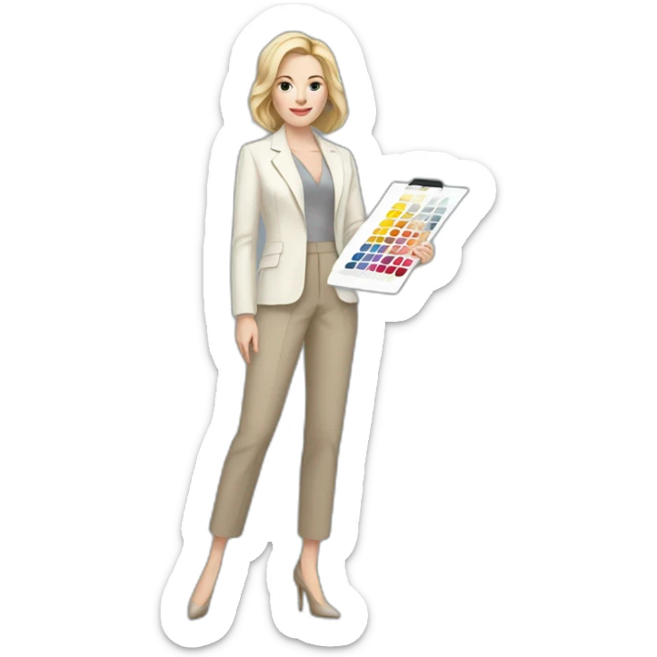 Full height pale skin woman with blonde Straightened bob Hair, White classical jacket, beige Arrow pants and gray blouse holding a color palette in the hands sticker