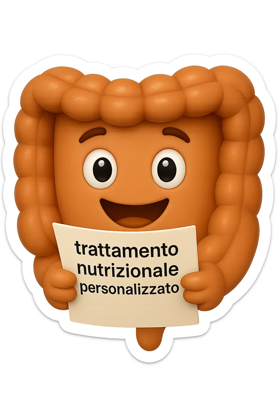 emoji stile iphone di un intestino realistico felice che legge un foglio con la scritta "trattamento nutrizionale personalizzato", non fargli il naso, iperrealistico 4k sticker