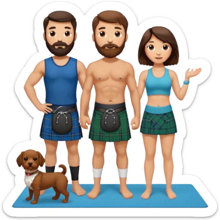 emoji of brunette man with beard wearing kilt, brunette woman in yoga outfit and white cockapoo dog sticker