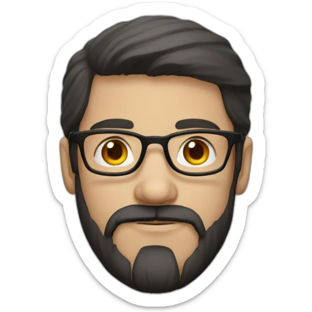White man dark straight hair, moustache and beard, wearing a black hoodie, glasses sticker