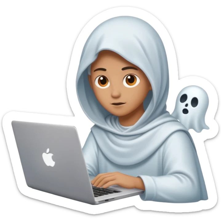 Create an emoji where an ungender person sits in front of the desk, designing ghost characters on laptop. Please refer to the attached image for ghost characters. sticker