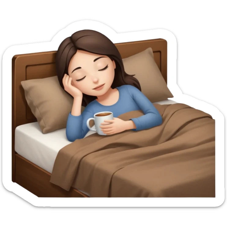 brunette girl with closed eyes lies on bed with brown bed linen and holds mug sticker