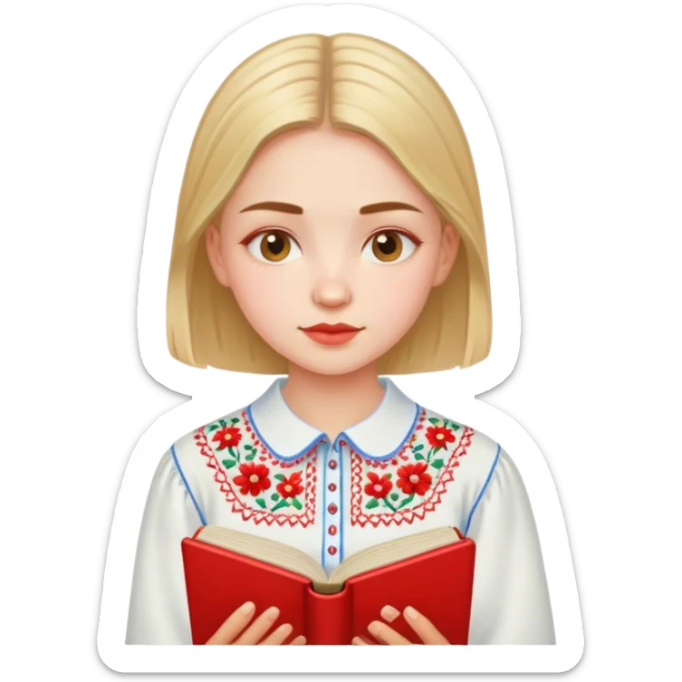 A Ukrainian girl in an embroidered shirt reads a red book sticker