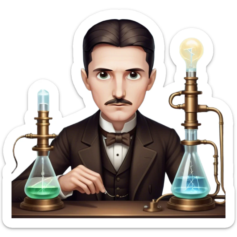 Nikola Tesla – Cinematic Realistic Portrait of Nikola Tesla, depicted as a visionary inventor with intense, thoughtful eyes and period attire, surrounded by subtle arcs of electric light and early laboratory apparatus, rendered with dramatic lighting that evokes mystery and innovation. sticker