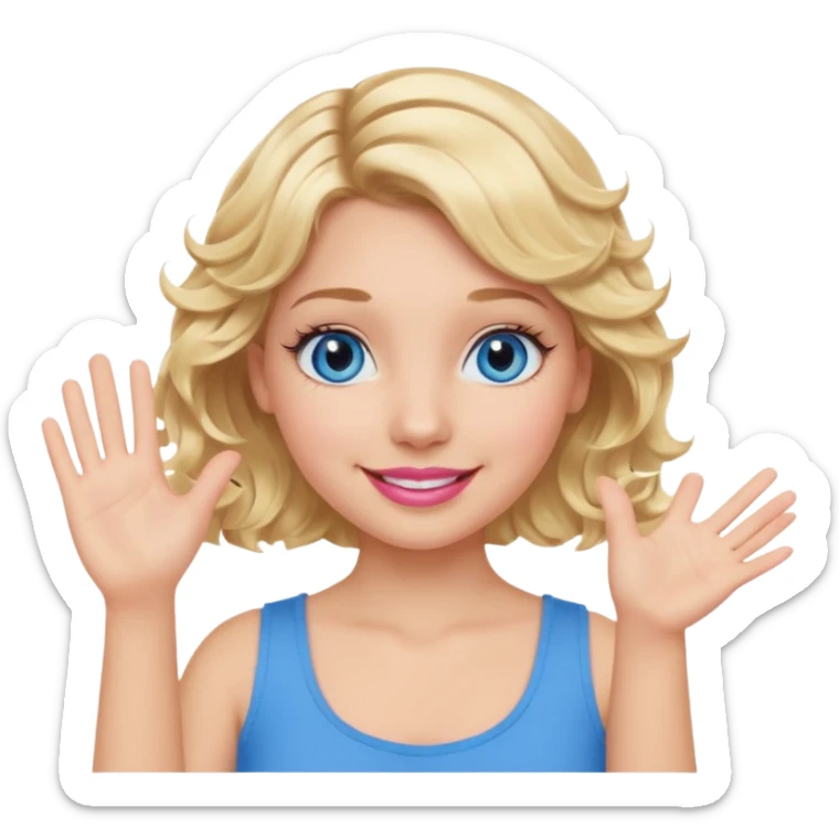 Girl Blonde short wavy hair,  blue eyes, cute blue top, long lashes, pink lips, smiling, waving hello  sticker