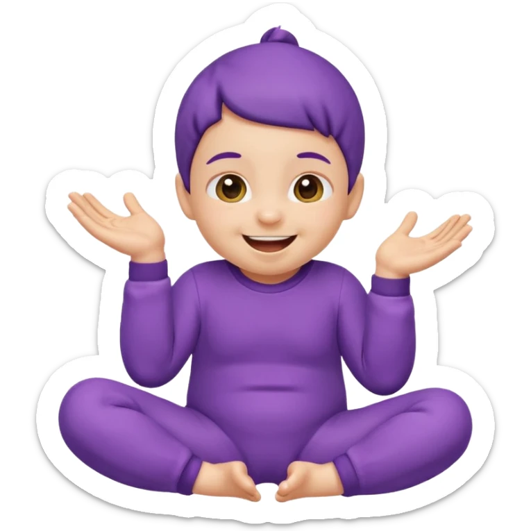 Apple-style emoji of a baby wearing a purple onesie, sitting and laughing joyfully, with hands down. sticker