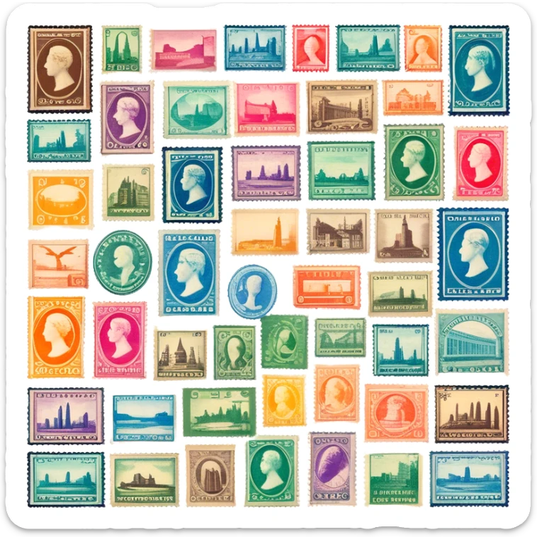 Icon for Stamp Collecting: a large stamp block in the center and a collection of vintage and colorful stamps arranged in an album or on a desk, with showcasing different themes. The icon should reflect the charm and history of philately. Transparent background. sticker