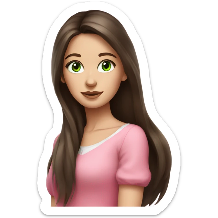 Beautiful Russian girl green eyes very long dark brown hair pink clothes  sticker