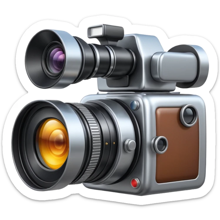 Minimal emoji icon of a huge cinematic metalic camera, front view, simple shapes, realistic lens,  sticker