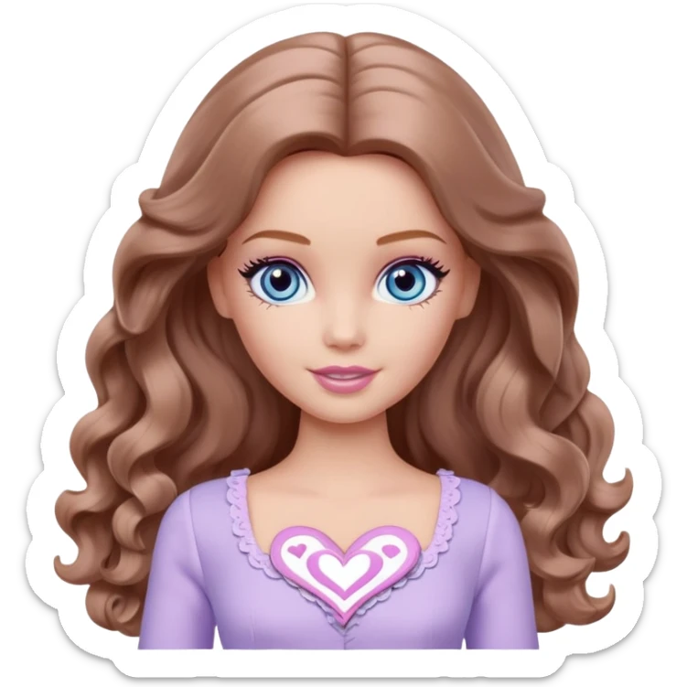There are grey hearts all around Barbie girl Chestnut long wavy hair and blue eyes is In pale purple clothes sticker