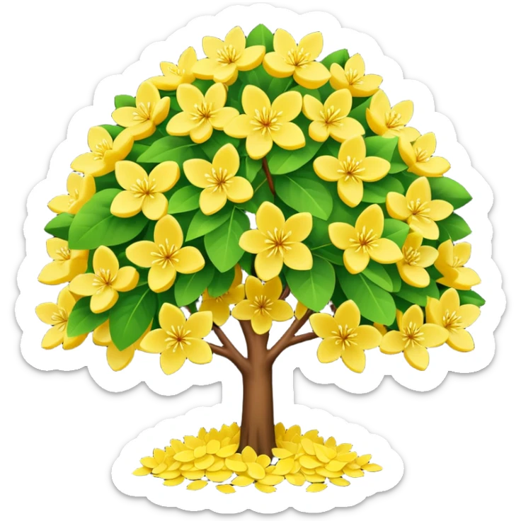 Vibranium shrub  in emoji format. I bunch of yellow whitish flowers with green leaves behind. Minimalistic. Make the shrub look more like cherry tree petals sticker