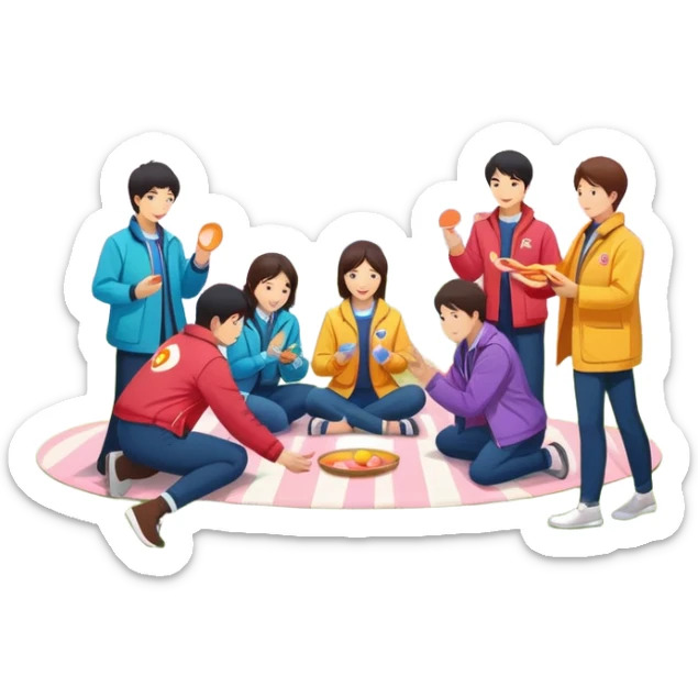 "East Asian colleagues in color-coded jackets picnic, play frisbee, and take group photos under cherry blossoms. Cloud-shaped Sunlord logo in background. Circular minimalist style." sticker