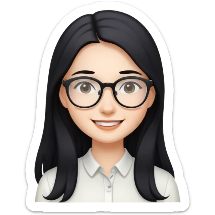 Chica sonriendo con blusa color blanca, cabello largo negro, y con gafas  sticker