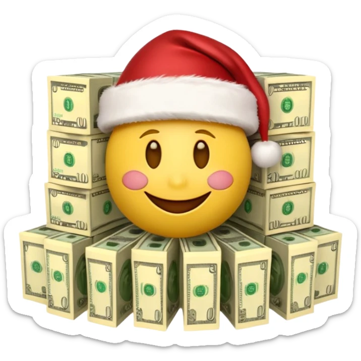 A festive 3D emoji style yellow smiley face wearing a Santa hat, surrounded by stacks of cash and dollar bills, joyful expression, Christmas and New Year theme, high quality, clean design, studio lighting, no text, no background, isolated object, transparent background, emojis.com style sticker