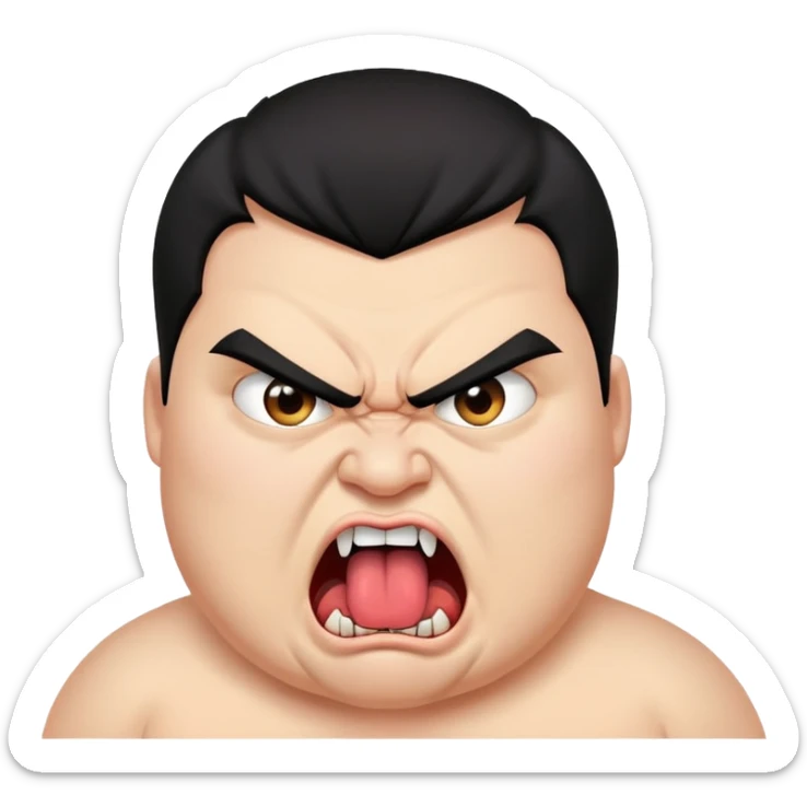 young angry fat man in profile view with black hair, fangs, crossed eyes, long tongue sticking out sticker
