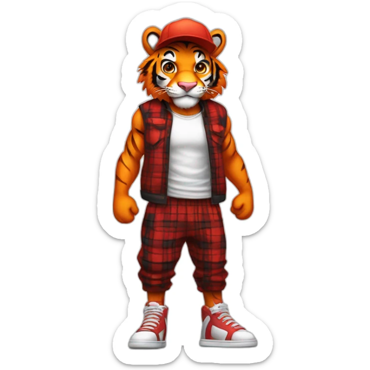 Anthropomorphic Humanoid muscular tall fuzzy male orange tiger, wearing white tanktop, red snapback cap, black sweatpants, red sneakers, red plaid cloth, happy sticker