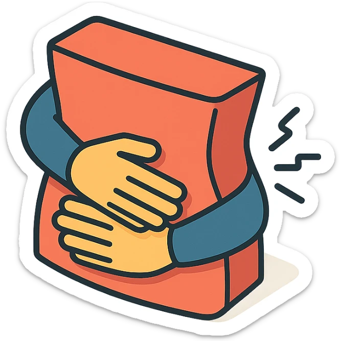 close-up of a person's stomach with hands crossed over it protectively, showing pain, only the stomach and hands, no face, 2D isometric illustration style sticker